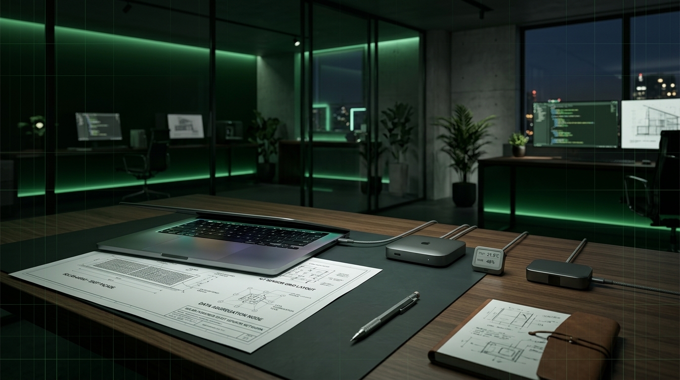 Contemporary technology studio with design plans, smart devices, and a laptop