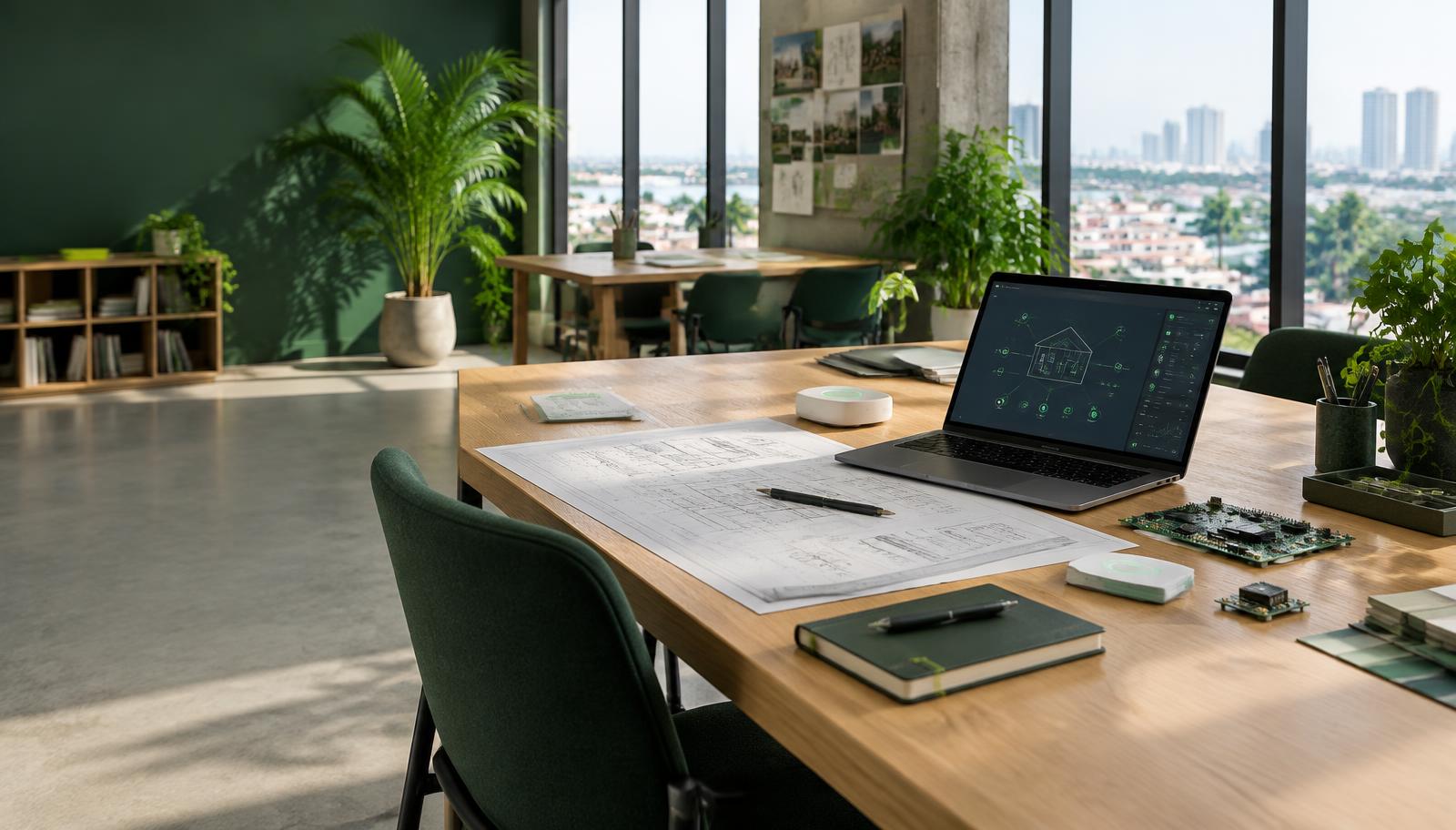 Contemporary technology studio with design plans, smart devices, and a laptop