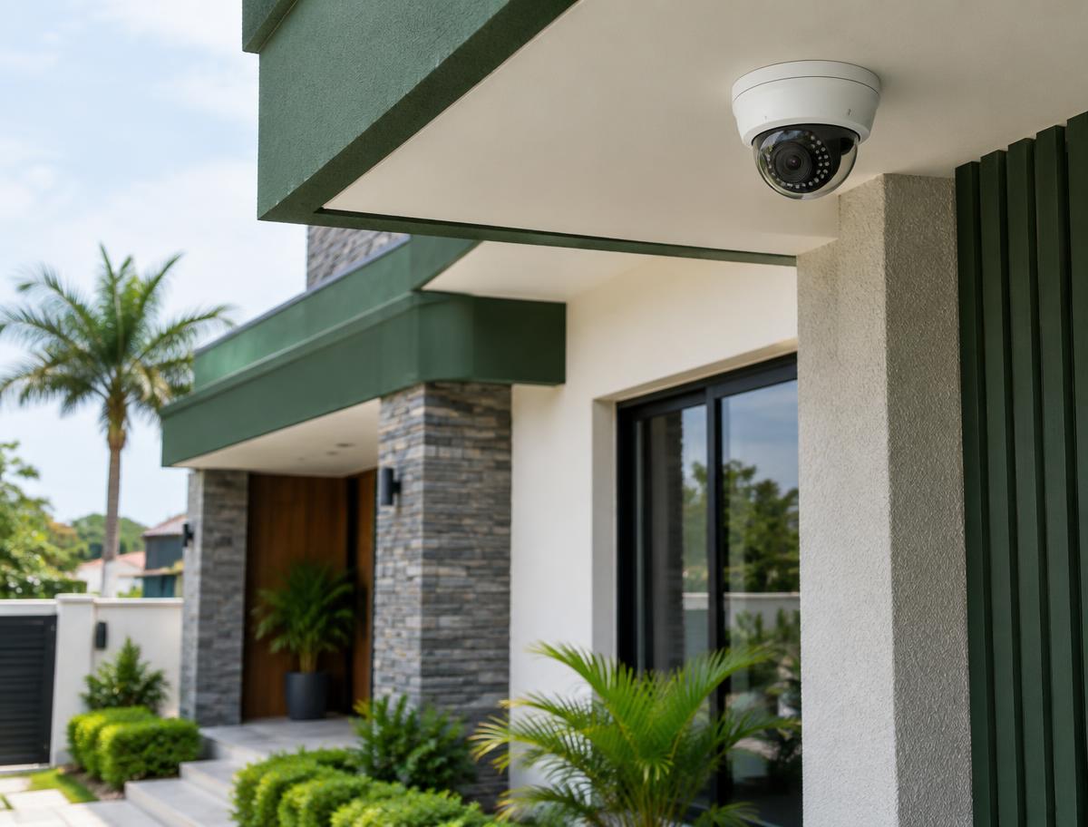 CCTV camera installed beneath the eave of a modern home
