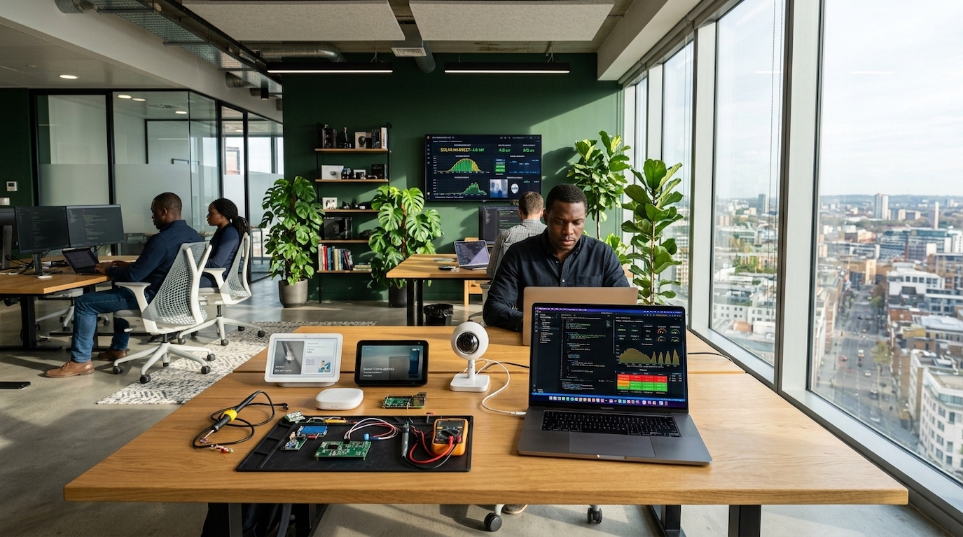 Contemporary technology studio with design plans, smart devices, and a laptop