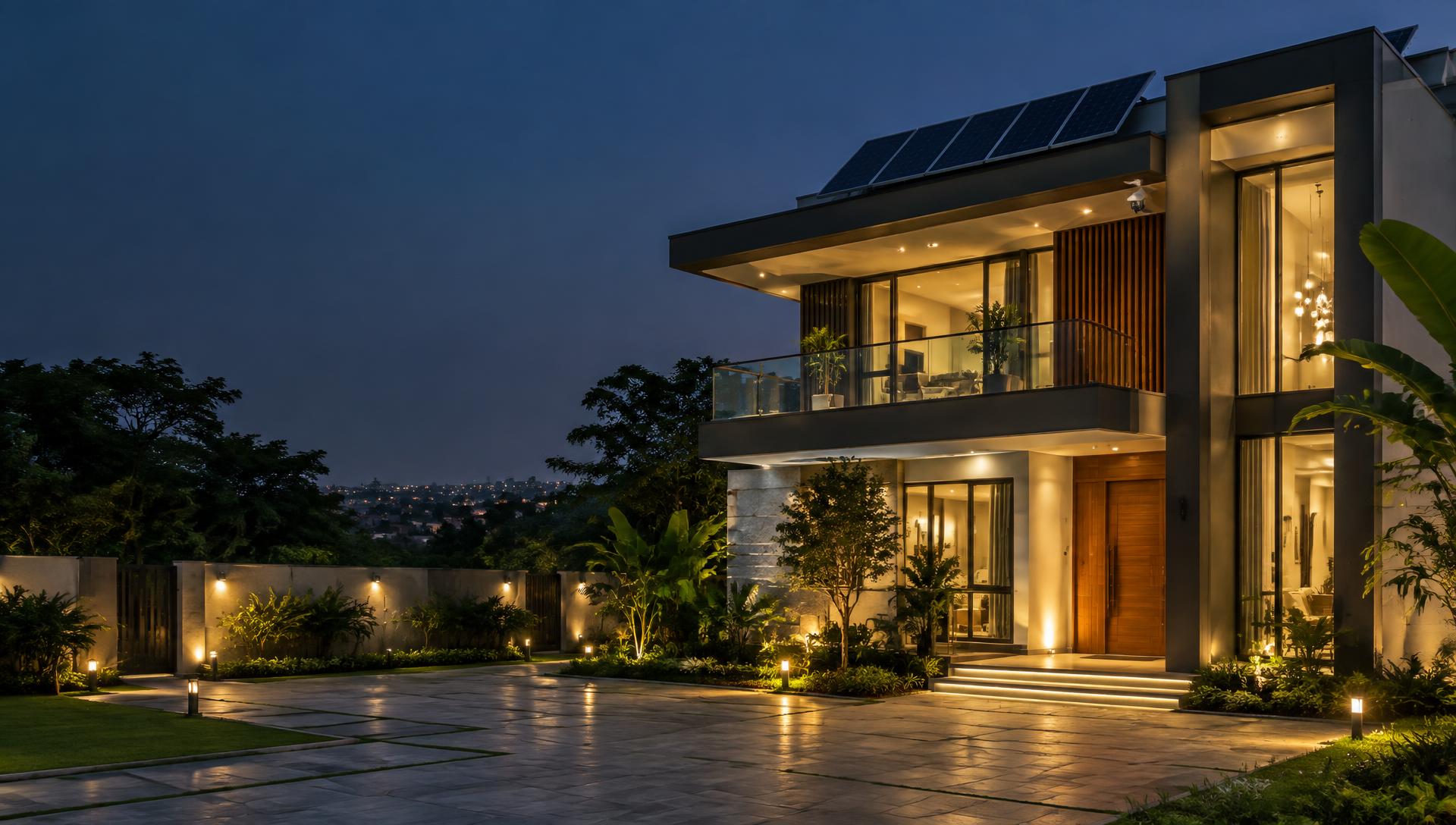 Contemporary home with smart lighting and rooftop solar panels